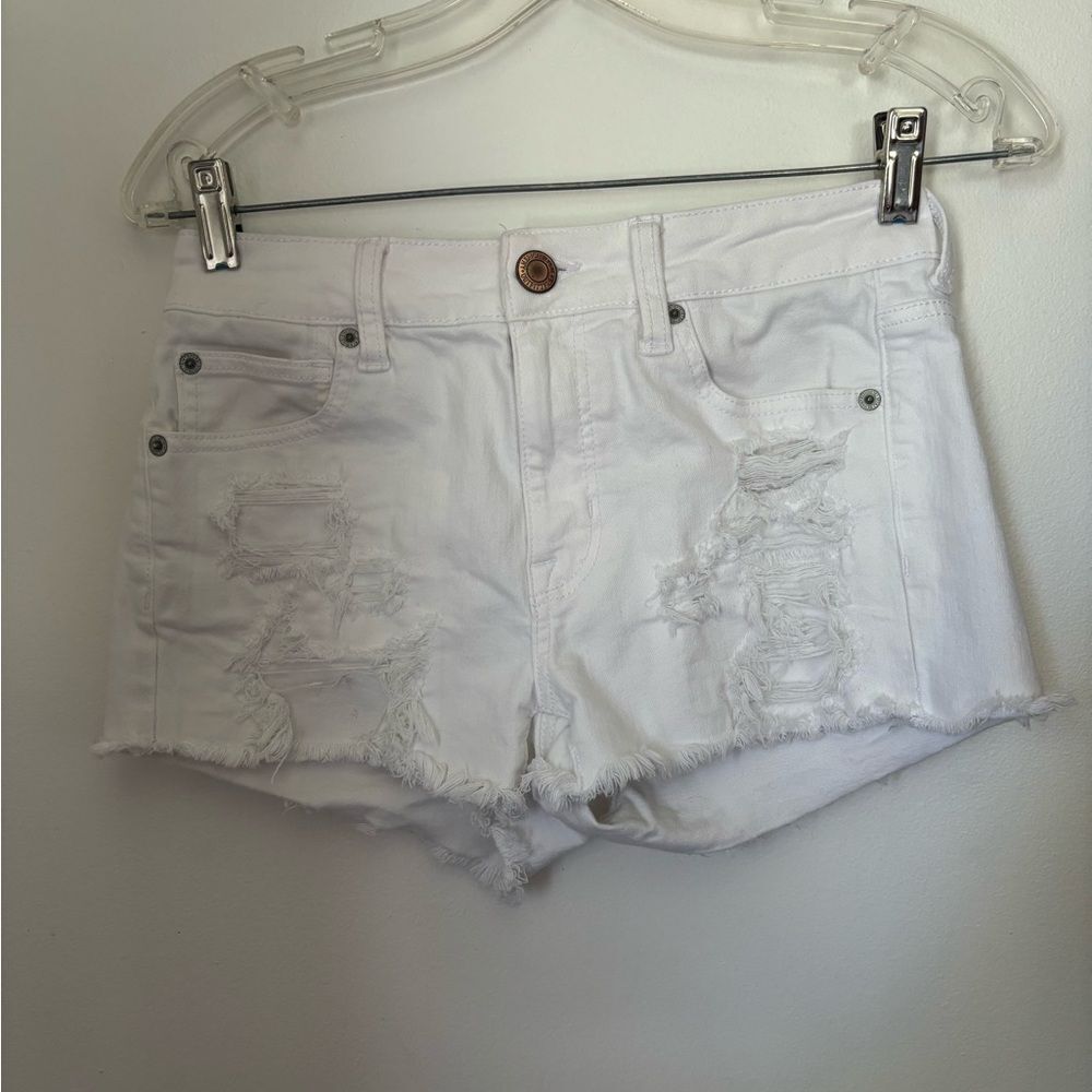 American Eagle Super Stretch Hi-Rise Shortie Distressed Shorts 4 White